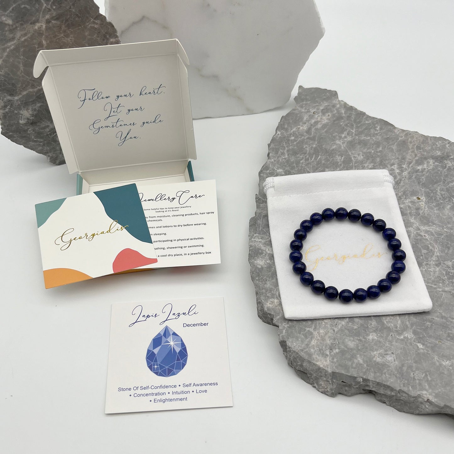 { Georgiadis } - Stunning 8mm Lapis Lazuli Gemstone Bracelet, Promotes Peace and Good Mood, Colour Therapy Blue, Loving Gift, Bracelet for Women