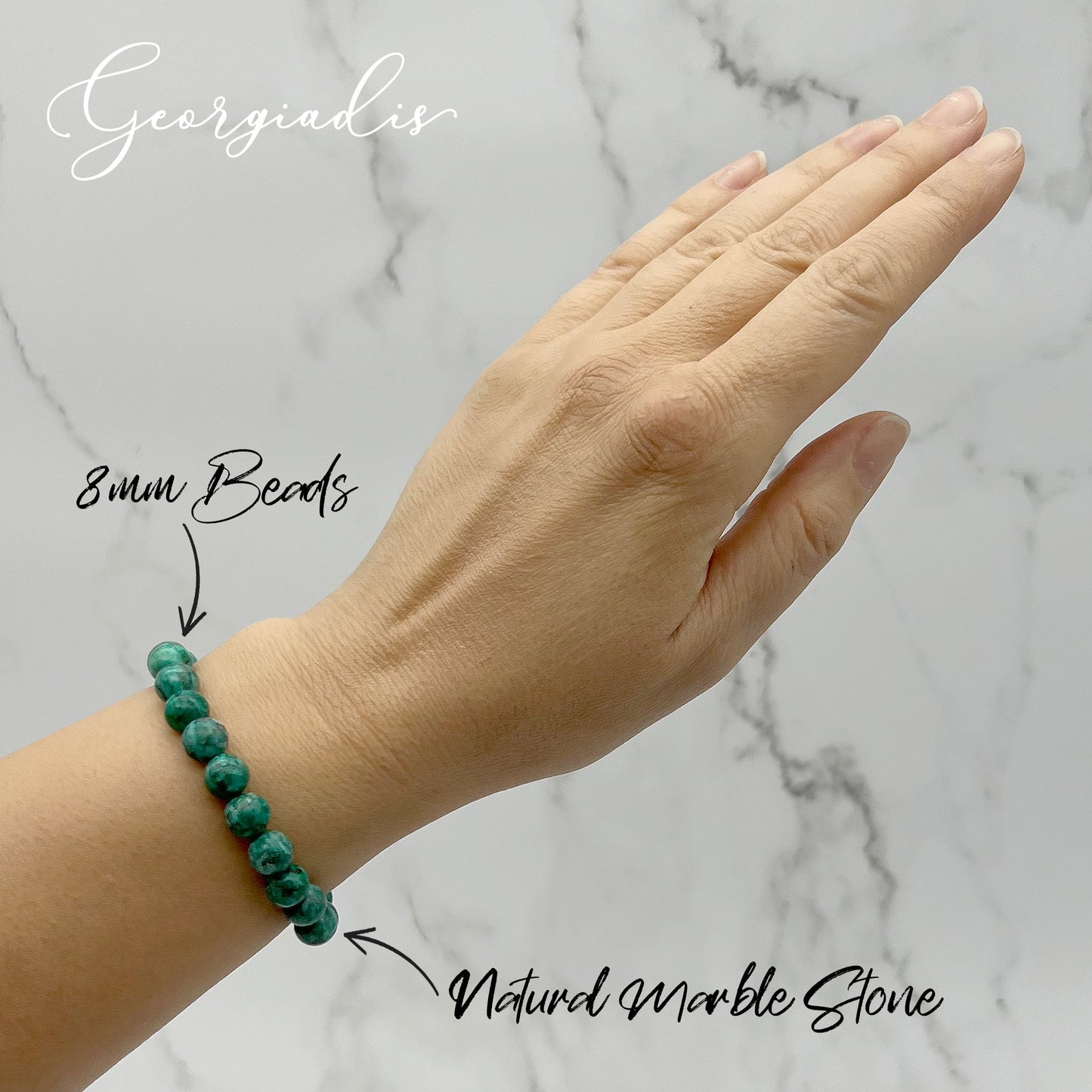 { Georgiadis } - Stunning 8mm Natural Marble Stone Bracelet, Dyed Bluish Green, Grounding Stone, Attracts Abundance and Properity, Root Chakra, Loving Gift, Bracelet for Women