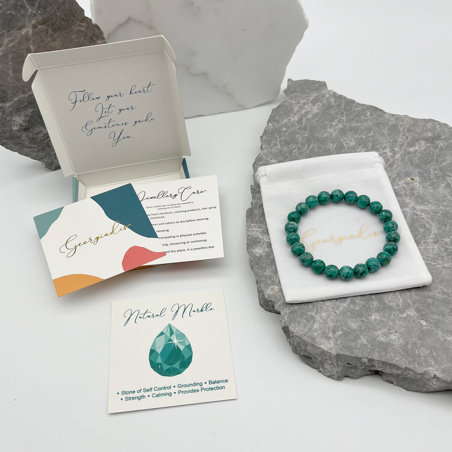{ Georgiadis } - Stunning 8mm Natural Marble Stone Bracelet, Dyed Bluish Green, Grounding Stone, Attracts Abundance and Properity, Root Chakra, Loving Gift, Bracelet for Women