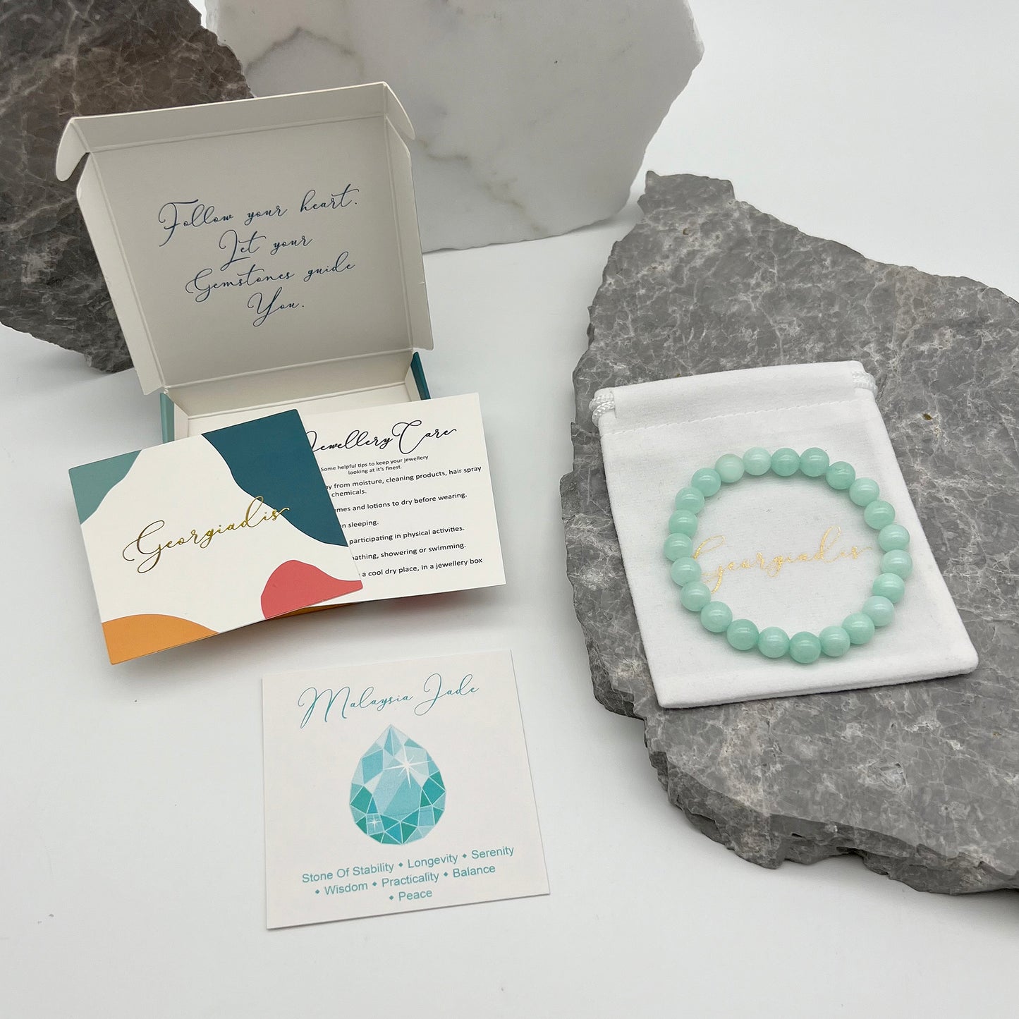 { Georgiadis } - Stunning 8mm Malaysia Jade Gemstone Bracelet, Peace, Wisdom and Balance, Aqua Colour, Heart Chakra, Gift, Love, Bracelet for Women