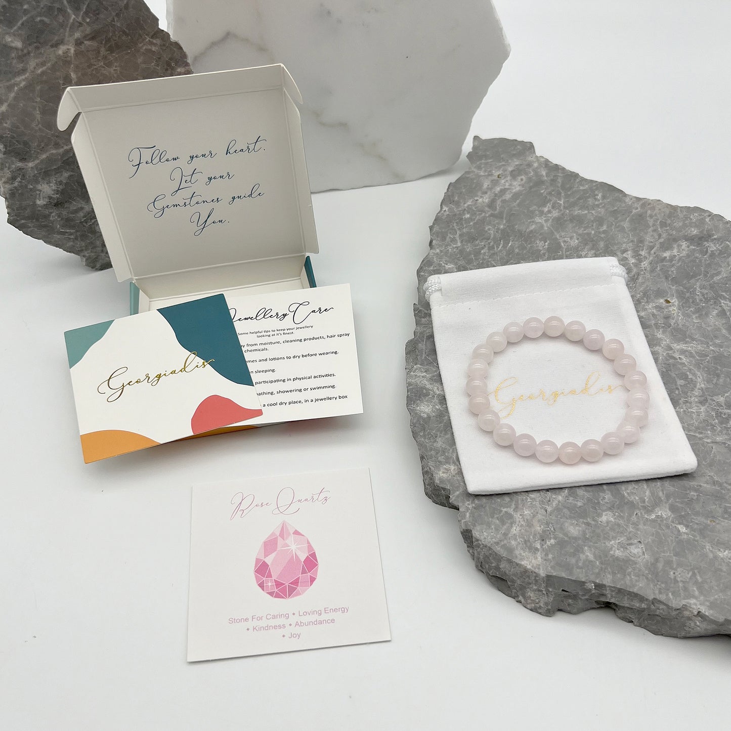 { Georgiadis } - Stunning 8mm Rose Quartz Gemstone Bracelet, Represents Love, Abundace and Joy, Colour Therapy Pink, Birthstone January, Gift, Bracelet for Women