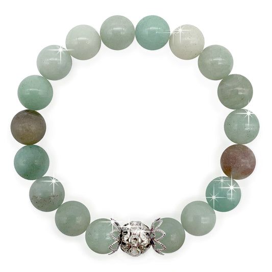 10mm Amazonite Natural Genuine Gemstone with Stunning Spacer Bead Inlaid with Rhinestones, Inspiring Truth, Clarity and Happiness, Birthday, Gift