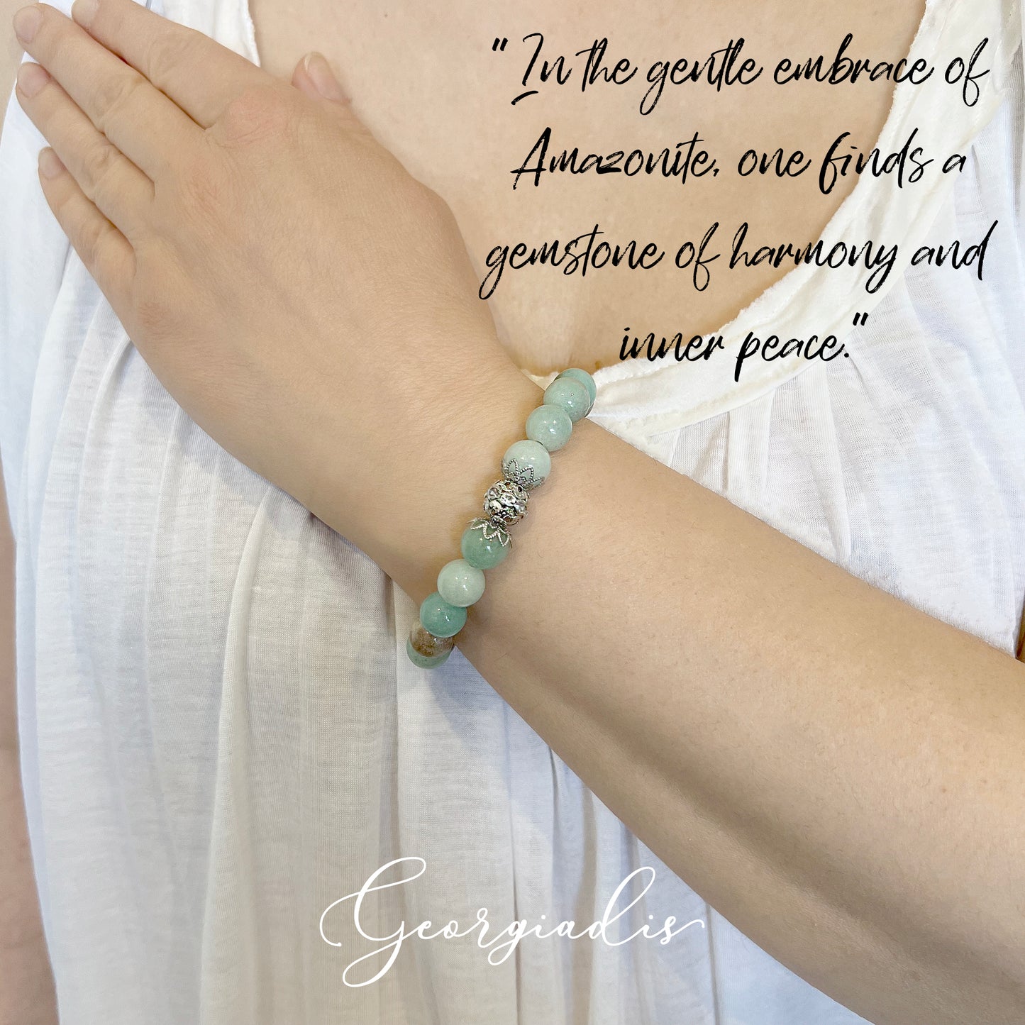10mm Amazonite Natural Genuine Gemstone with Stunning Spacer Bead Inlaid with Rhinestones, Inspiring Truth, Clarity and Happiness, Birthday, Gift