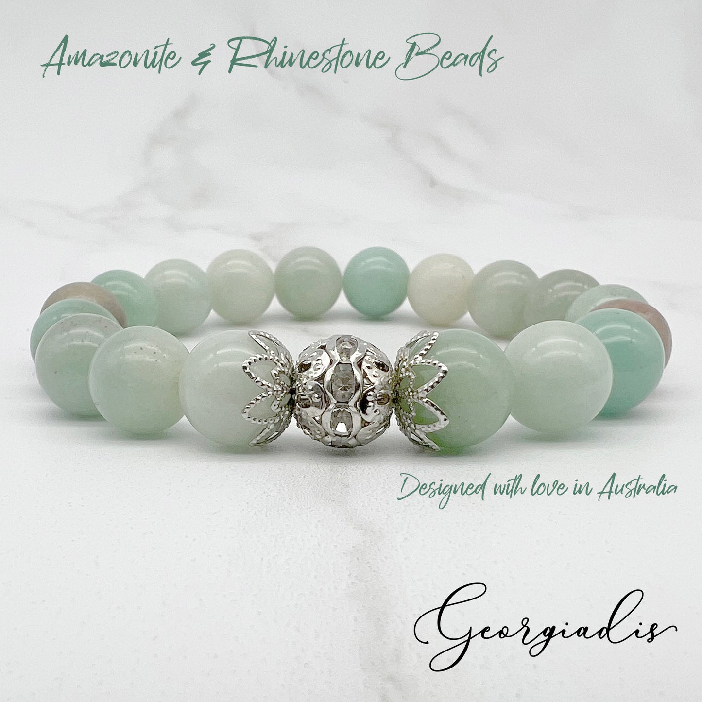 10mm Amazonite Natural Genuine Gemstone with Stunning Spacer Bead Inlaid with Rhinestones, Inspiring Truth, Clarity and Happiness, Birthday, Gift