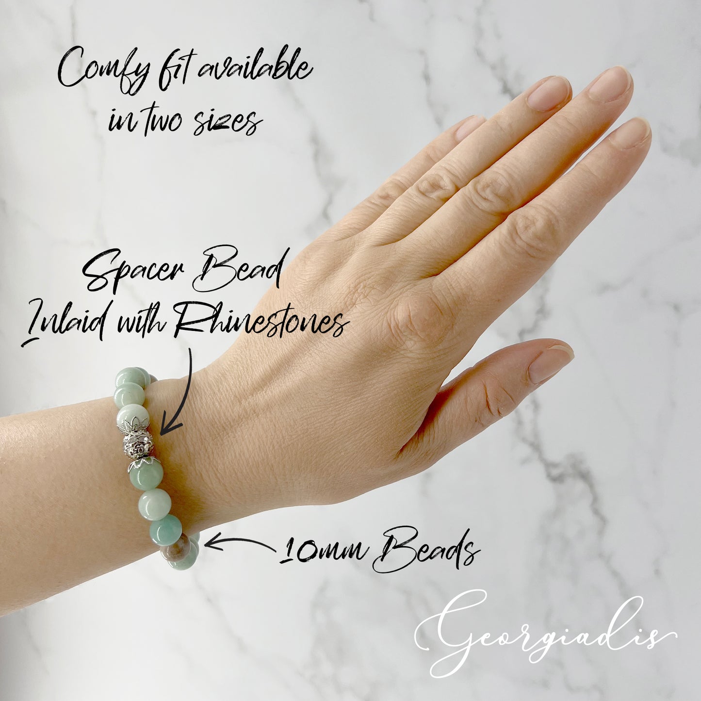 10mm Amazonite Natural Genuine Gemstone with Stunning Spacer Bead Inlaid with Rhinestones, Inspiring Truth, Clarity and Happiness, Birthday, Gift