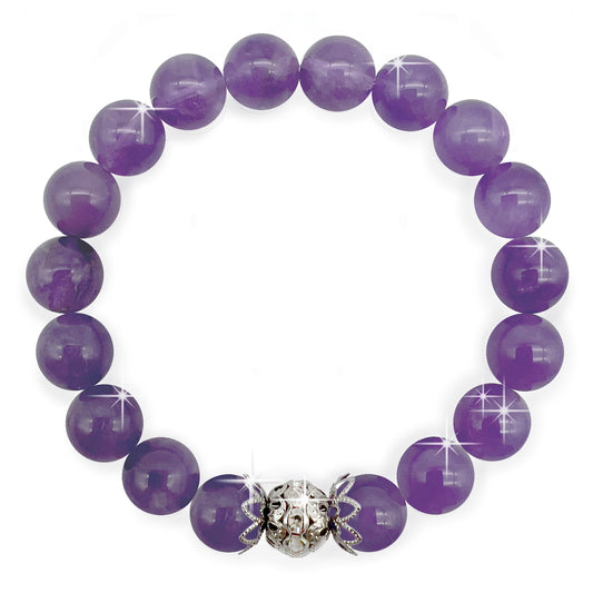 10mm Amethyst Natural Genuine Gemstone with Stunning Spacer Bead Inlaid with Rhinestones, Calming, Promotes Spiritual Awareness, Colour Therapy Purple