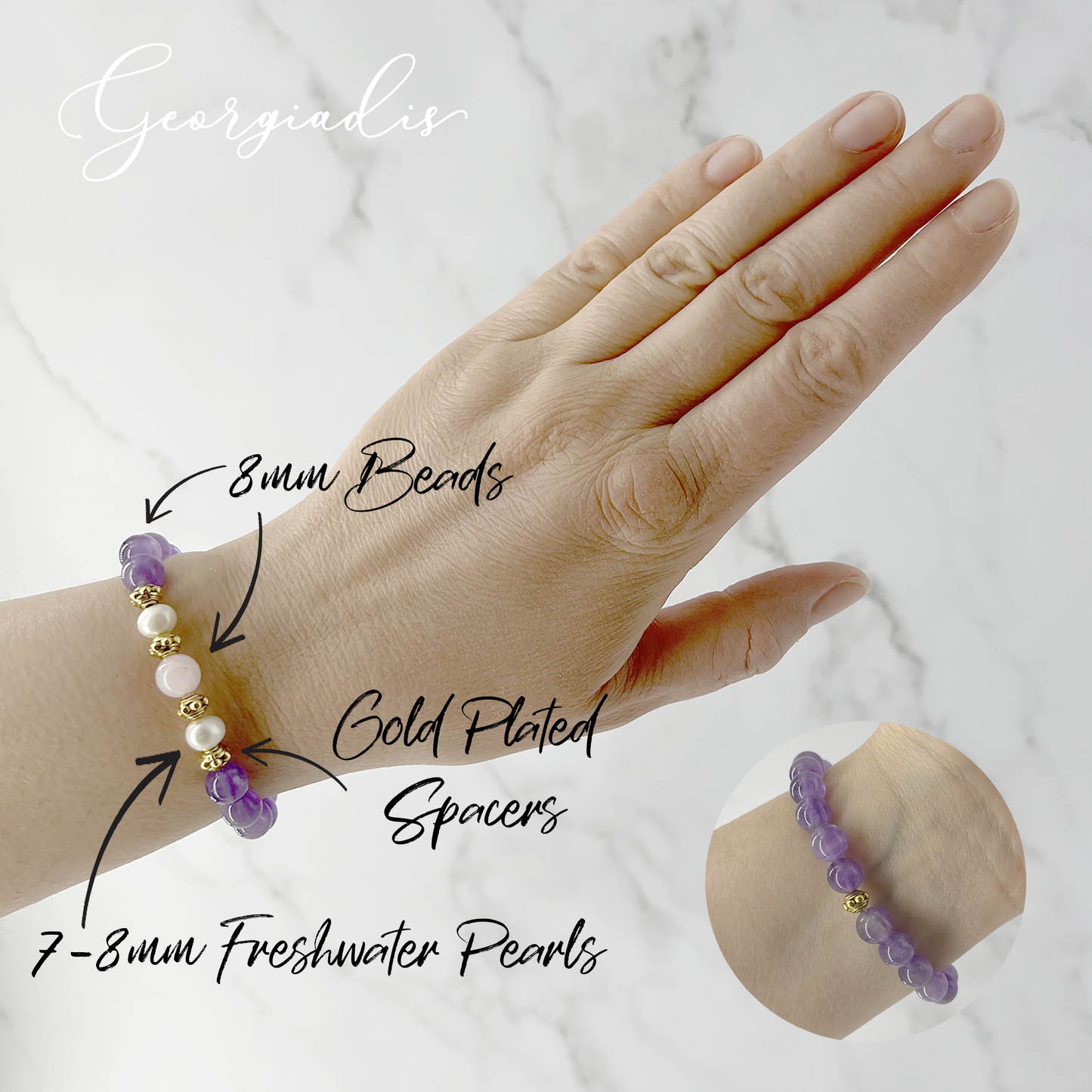 Beautiful Real Freshwater Pearls, Amethyst and Rose Quartz Bracelet, featuring Grade A, High Luster Pearls and Stunning Gemstones, Healing.