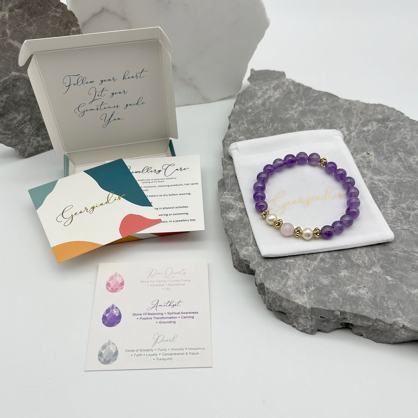 Beautiful Real Freshwater Pearls, Amethyst and Rose Quartz Bracelet, featuring Grade A, High Luster Pearls and Stunning Gemstones, Healing.