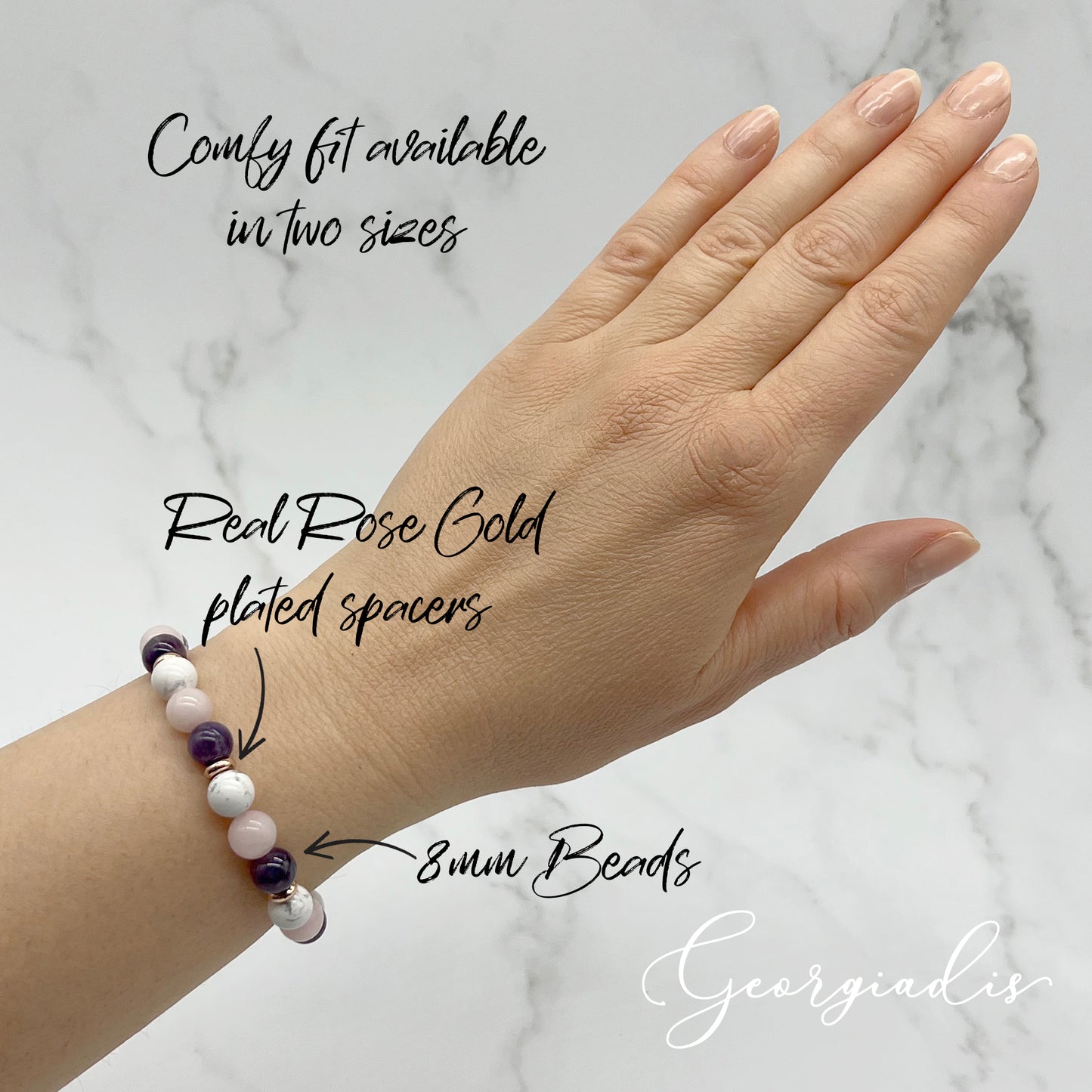 8mm Bead Amethyst, Rose Quartz and Howlite Real Natural Genuine Stones with 18K Gold Plating, Beautiful Gemstone Beads, Healing and Spiritual