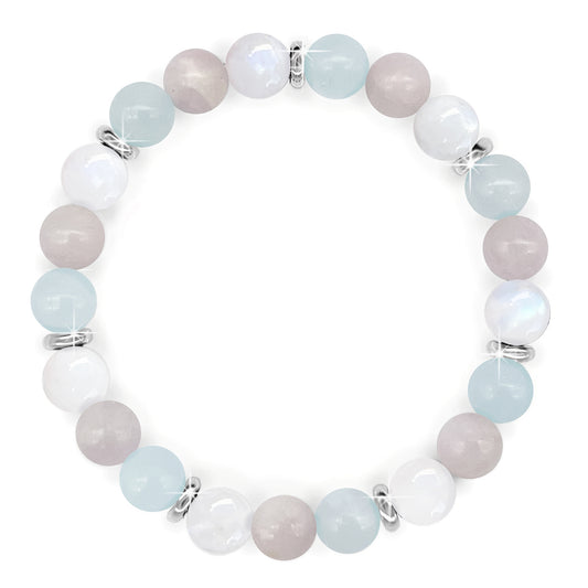 Beautiful Bracelet, 8mm Aquamarine, Kunzite and Moonstone Gemstones with Real Platinum Plating, Crystal Healing Gems, Calming, Love, Abundance, Gift