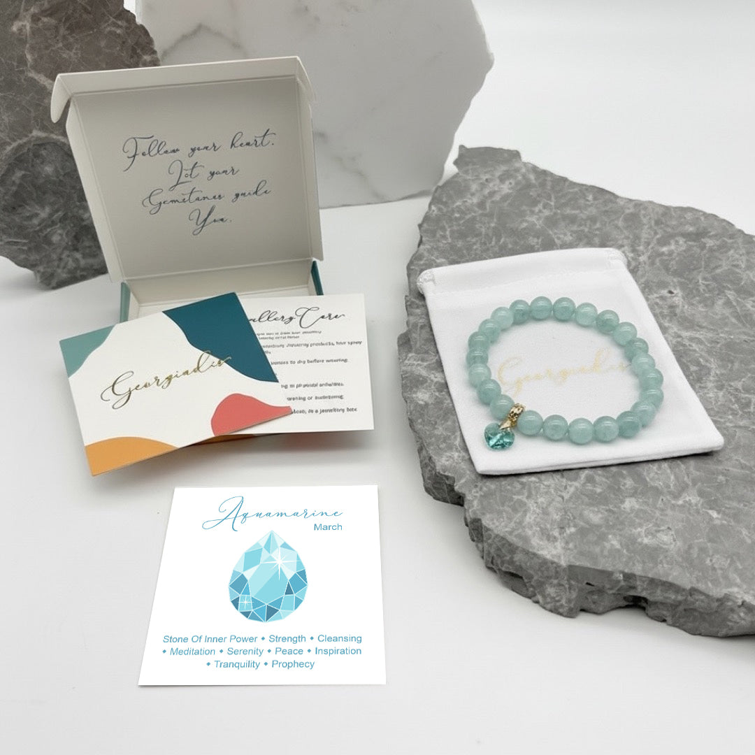 8mm Aquamarine Bracelet for Women with Austrian Crystal Heart Charm, 18K Gold Plated, Healing Stone for Calm & Clarity, March Birthstone, Gift, Bracelet For Women