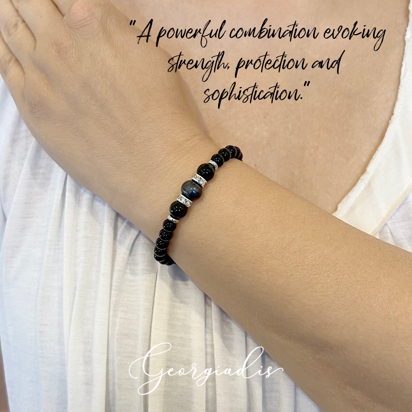 Beautiful Real Black Pearl & Black Agate Gemstone Bracelet, High Luster Grade A Pearl, Platinum Plated with Sparkling Rhinestone Spacers, Strength.