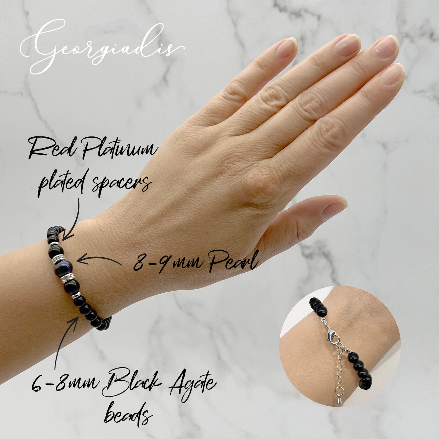 Beautiful Real Black Pearl & Black Agate Gemstone Bracelet, High Luster Grade A Pearl, Platinum Plated with Sparkling Rhinestone Spacers, Strength.