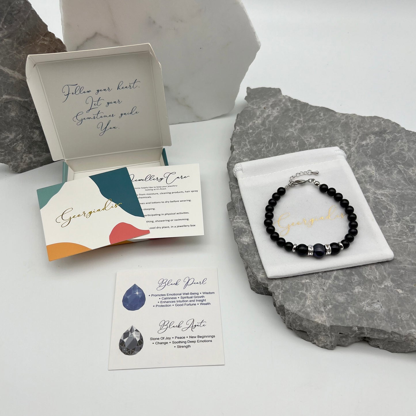 Beautiful Real Black Pearl & Black Agate Gemstone Bracelet, High Luster Grade A Pearl, Platinum Plated with Sparkling Rhinestone Spacers, Strength.