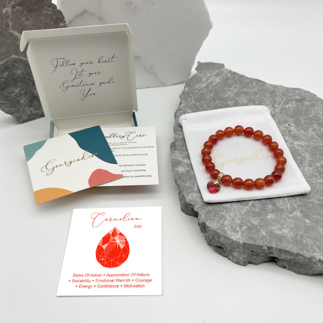 8mm Carnelian Gemstone Bracelet for Women with Austrian Crystal Heart Charm, 18K Gold Plated, Healing Stone for Confidence, Courage & Vitality, July Birthstone, Gift, Bracelet For Women