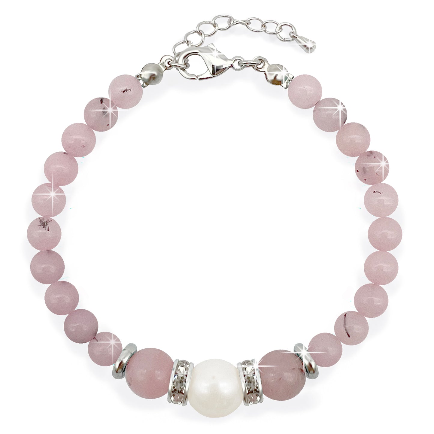 Beautiful Real Pearl & Cherry Blossom Jasper Gemstone Bracelet, High Luster Grade A Pearl, Platinum Plated with Sparkling Rhinestone Spacers.