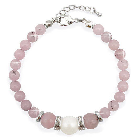 Beautiful Real Pearl & Cherry Blossom Jasper Gemstone Bracelet, High Luster Grade A Pearl, Platinum Plated with Sparkling Rhinestone Spacers.