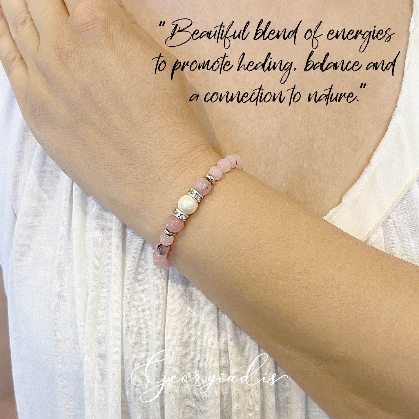 Beautiful Real Pearl & Cherry Blossom Jasper Gemstone Bracelet, High Luster Grade A Pearl, Platinum Plated with Sparkling Rhinestone Spacers.
