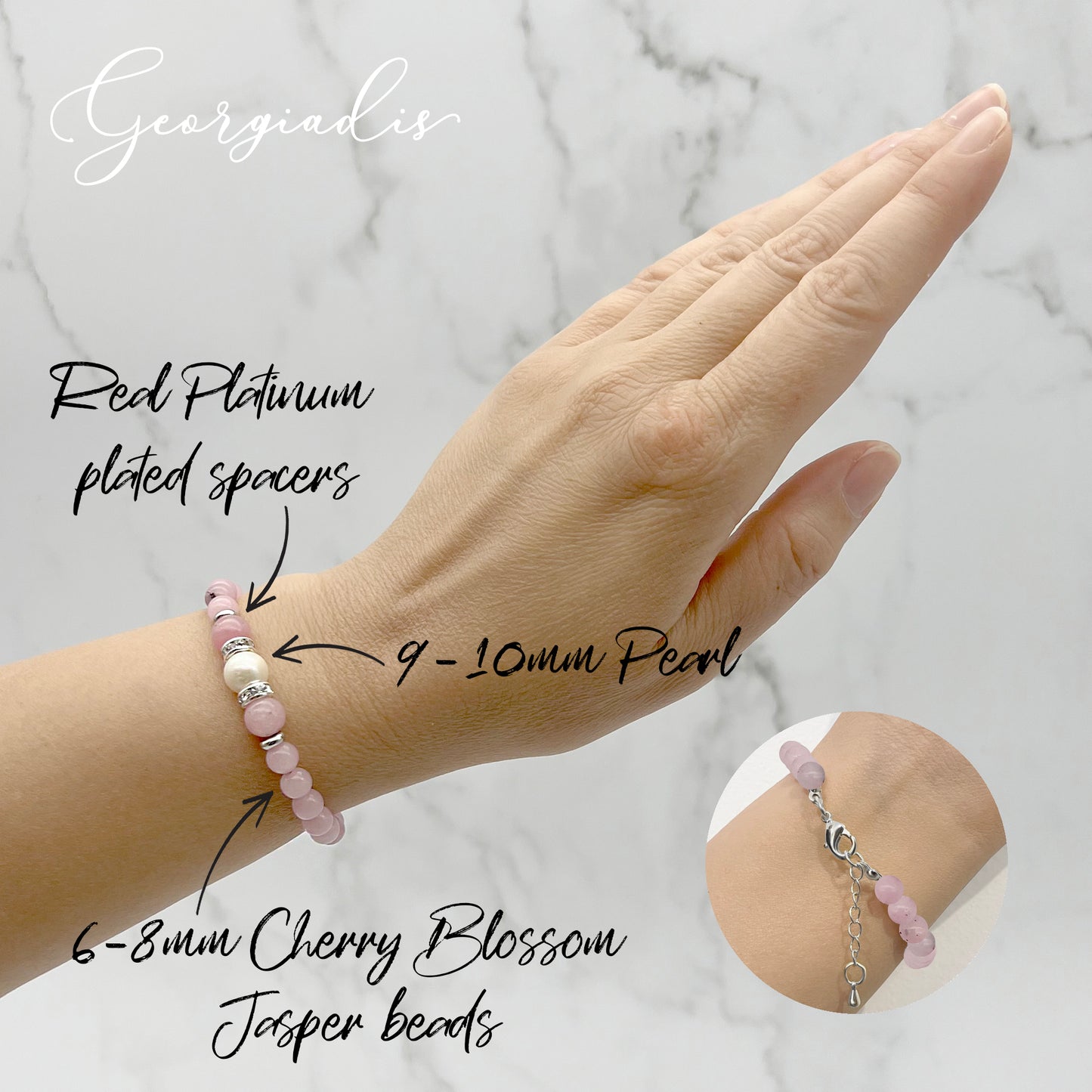 Beautiful Real Pearl & Cherry Blossom Jasper Gemstone Bracelet, High Luster Grade A Pearl, Platinum Plated with Sparkling Rhinestone Spacers.