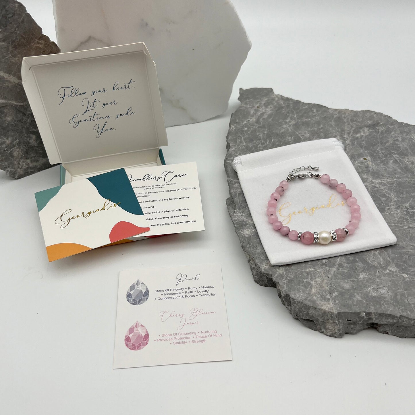 Beautiful Real Pearl & Cherry Blossom Jasper Gemstone Bracelet, High Luster Grade A Pearl, Platinum Plated with Sparkling Rhinestone Spacers.