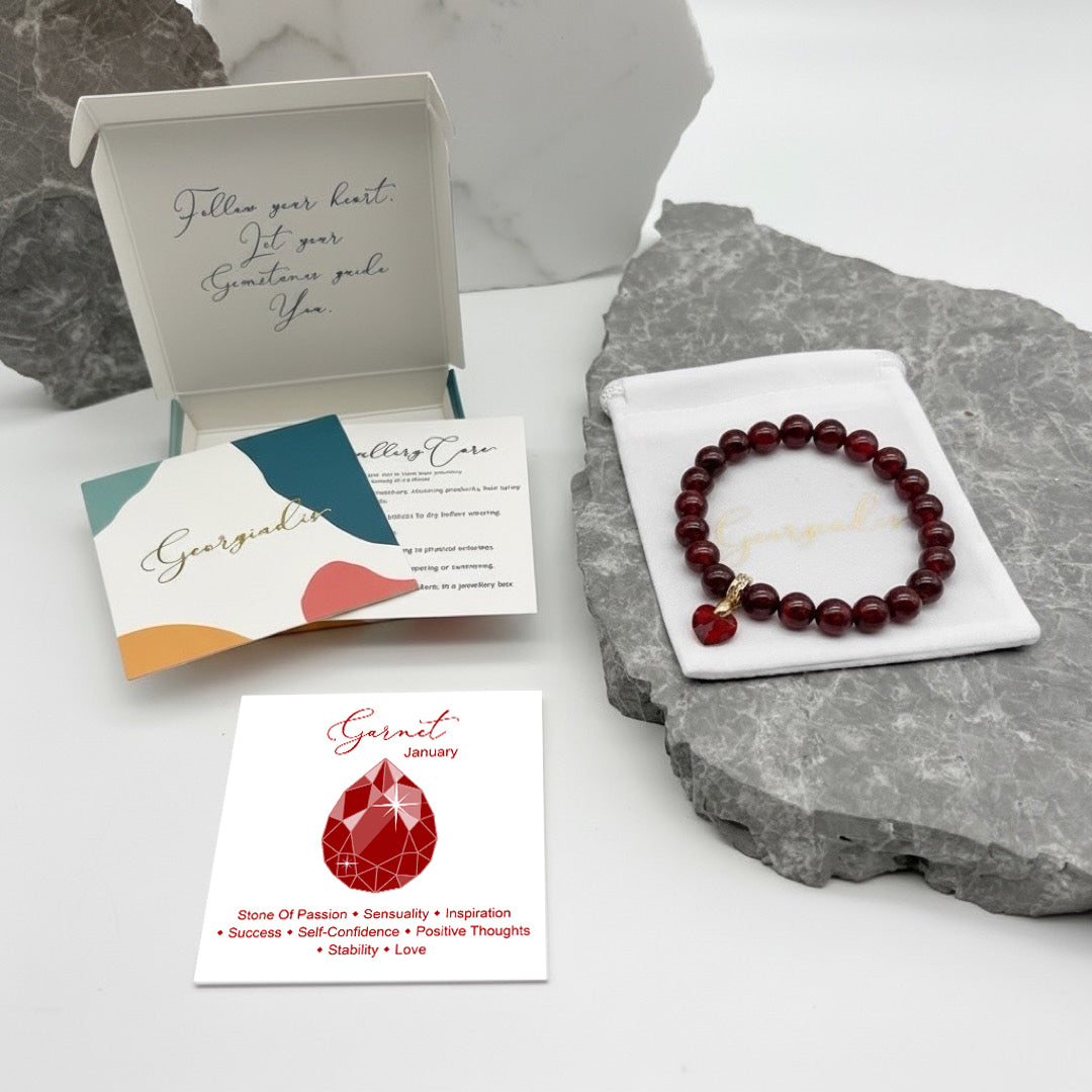 8mm Garnet Bracelet for Women with Austrian Crystal Heart Charm, 18K Gold Plated, Healing Stone for Love & Vitality, January Birthstone, Gift, Bracelet For Women