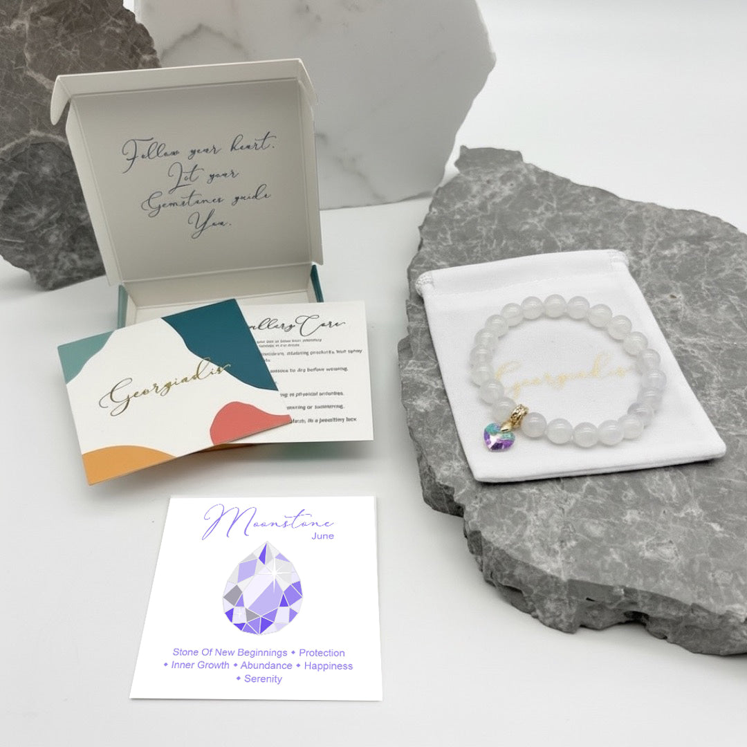8mm Moonstone Gemstone Bracelet for Women with Austrian Crystal Heart Charm, 18K Gold Plated, Healing Stone for Calm, Intuition & New Beginnings, June Birthstone, Gift, Bracelets For Her