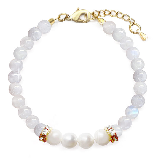 Beautiful Freshwater Pearls & Moonstone Gemstone Bracelet, 18K Gold Plating, Grade A Pearls, Protection, Abundance, Happiness, Birthstone June