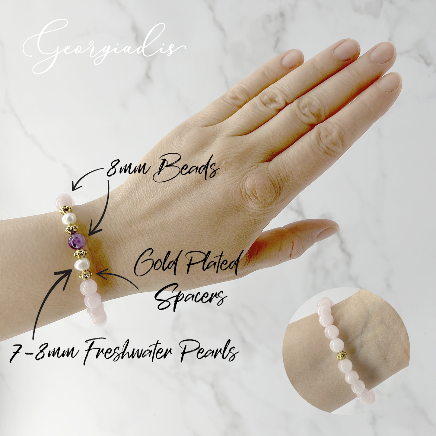 Beautiful Real Freshwater Pearls, Rose Quartz and Amethyst Bracelet, featuring Grade A, High Luster Pearls and Stunning Gemstones, Healing.