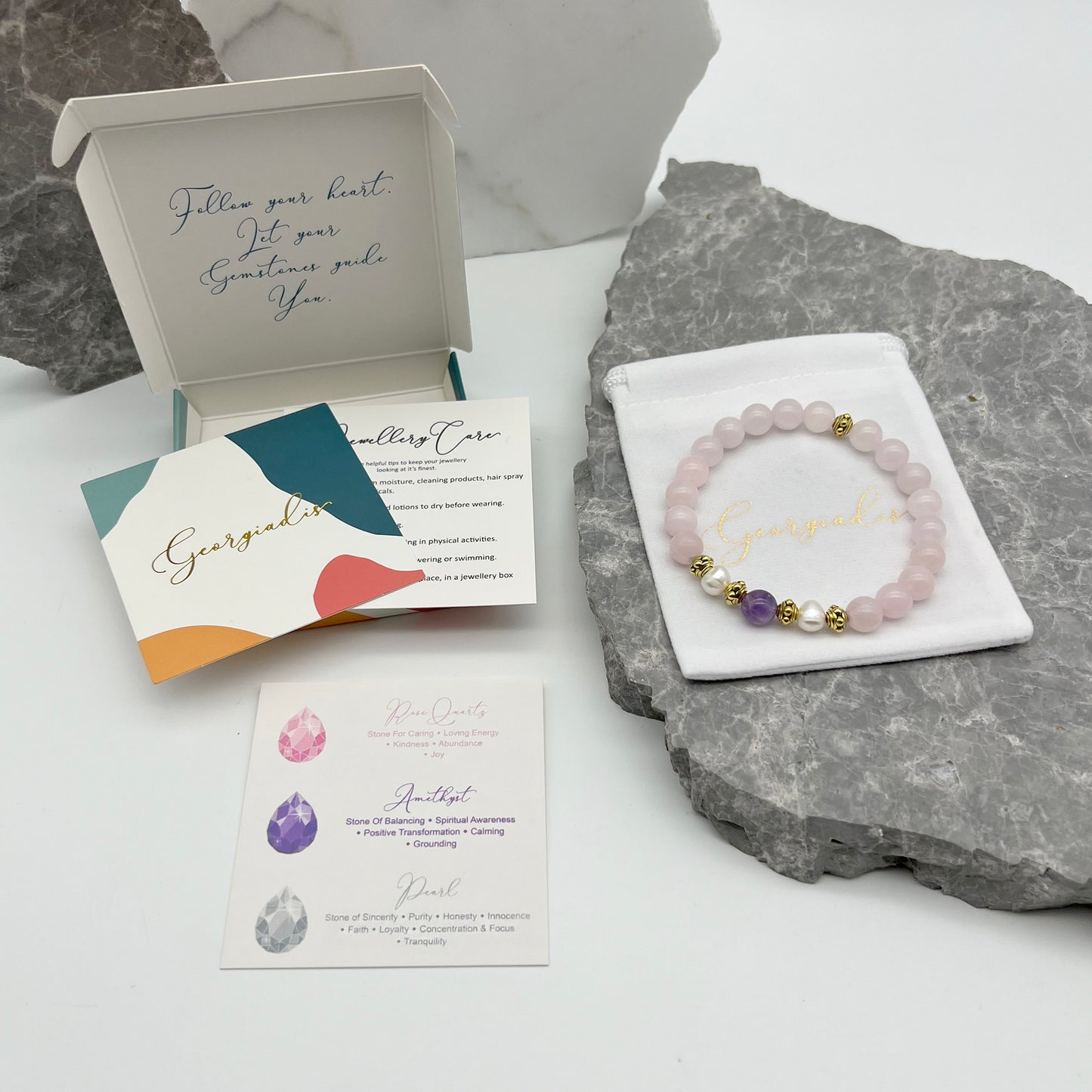 Beautiful Real Freshwater Pearls, Rose Quartz and Amethyst Bracelet, featuring Grade A, High Luster Pearls and Stunning Gemstones, Healing.