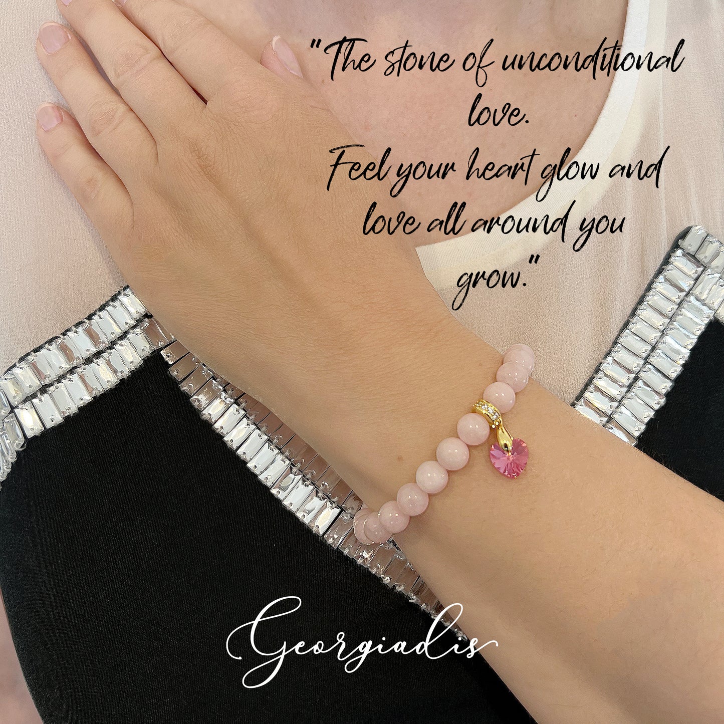 8mm Bead Real Rose Quartz Gemstone Bracelet with Austrian Crystal Heart Charm, 18K Gold Plating, Genuine Stone, Attracts Love, Kindness and Joy.
