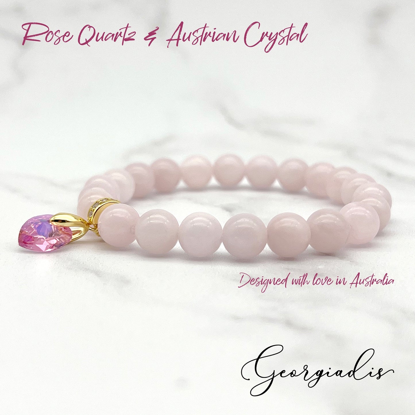 8mm Bead Real Rose Quartz Gemstone Bracelet with Austrian Crystal Heart Charm, 18K Gold Plating, Genuine Stone, Attracts Love, Kindness and Joy.