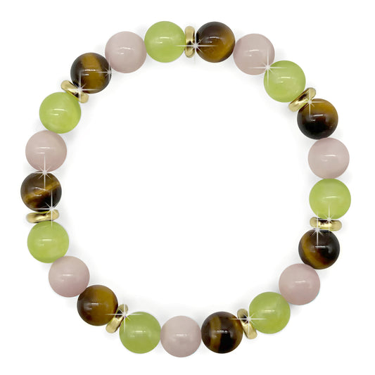 8mm Bead Tiger Eye, Rose Quartz and Light Green Jade Gemstones, 18K Gold Plating, Beautiful Gemstone Beads, Prosperity, Abundance, Attracts Good Luck.