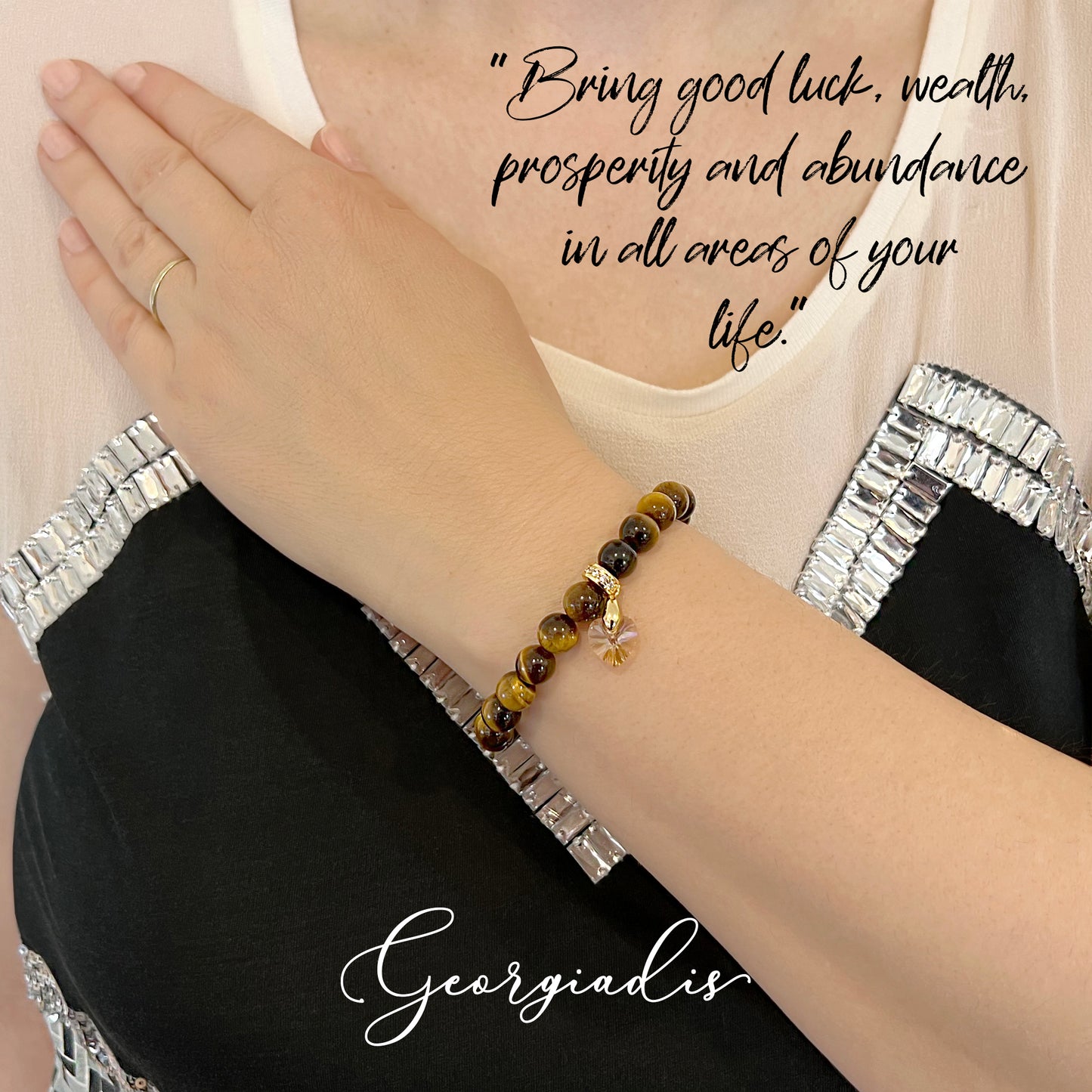 8mm Bead Real Tiger Eye Gemstone Bracelet with Austrian Crystal Heart Charm, 18K Gold Plating, Genuine Stone, Wealth, Productivity and Determination