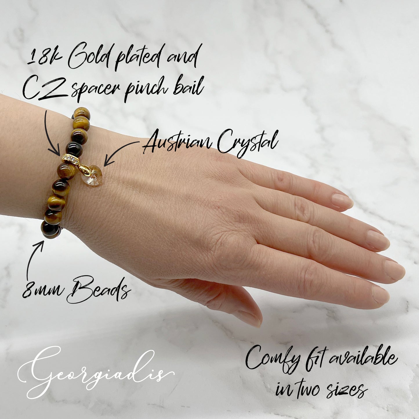 8mm Bead Real Tiger Eye Gemstone Bracelet with Austrian Crystal Heart Charm, 18K Gold Plating, Genuine Stone, Wealth, Productivity and Determination