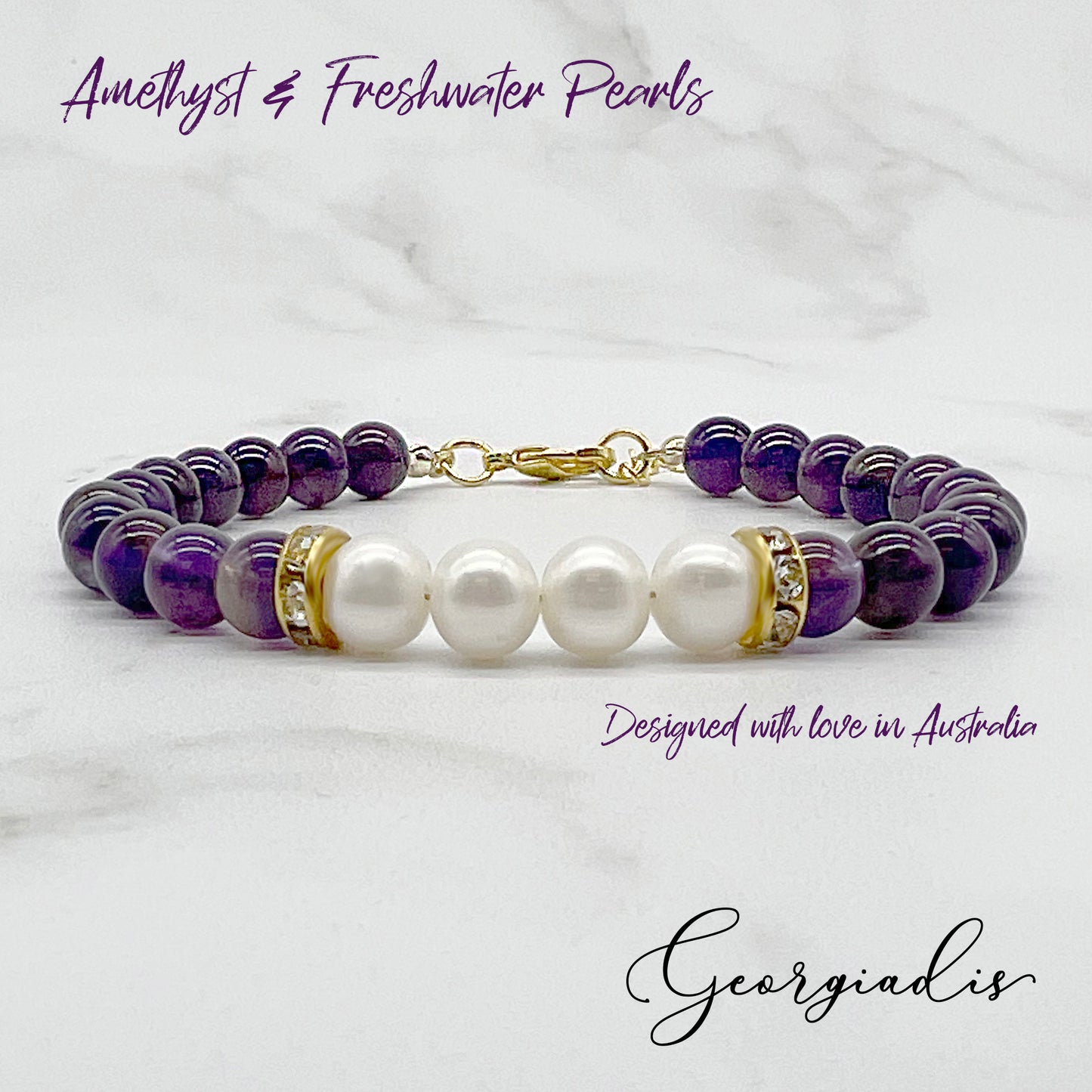Real Freshwater Pearls & Genuine 6mm Bead Amethyst Gemstone Bracelet, 18K Gold Plating, Grade A Pearls, Healing, Spiritual, Awareness, Calming.