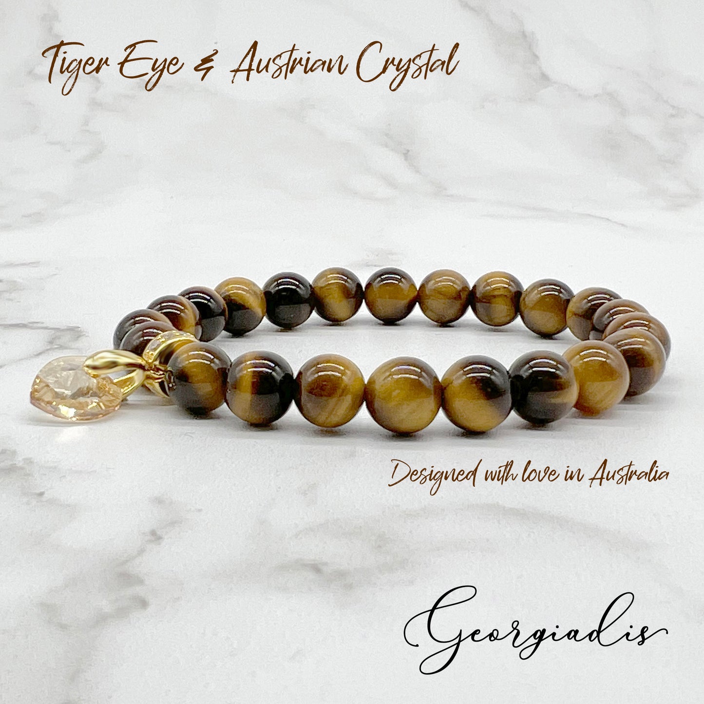 8mm Bead Real Tiger Eye Gemstone Bracelet with Austrian Crystal Heart Charm, 18K Gold Plating, Genuine Stone, Wealth, Productivity and Determination