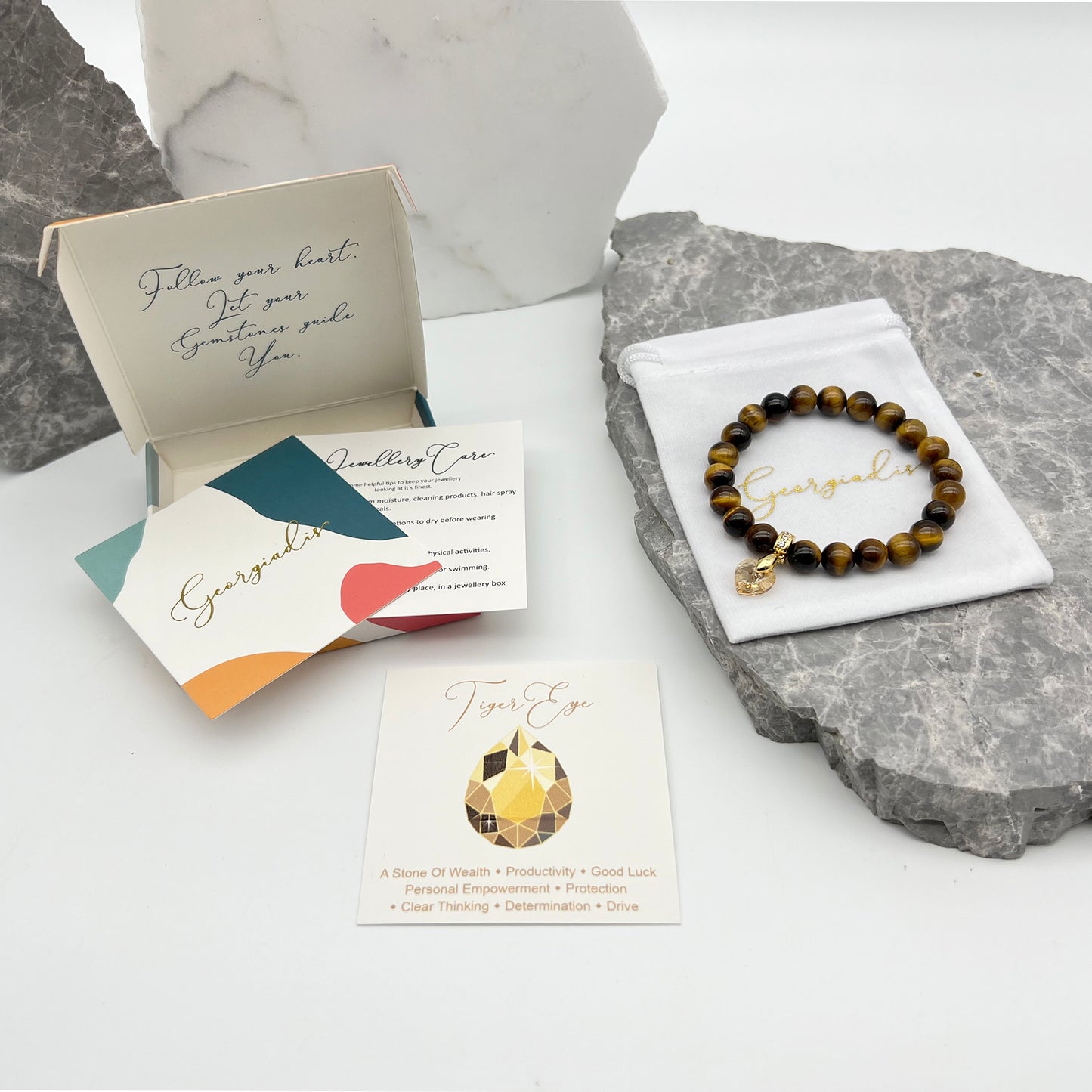 8mm Bead Real Tiger Eye Gemstone Bracelet with Austrian Crystal Heart Charm, 18K Gold Plating, Genuine Stone, Wealth, Productivity and Determination