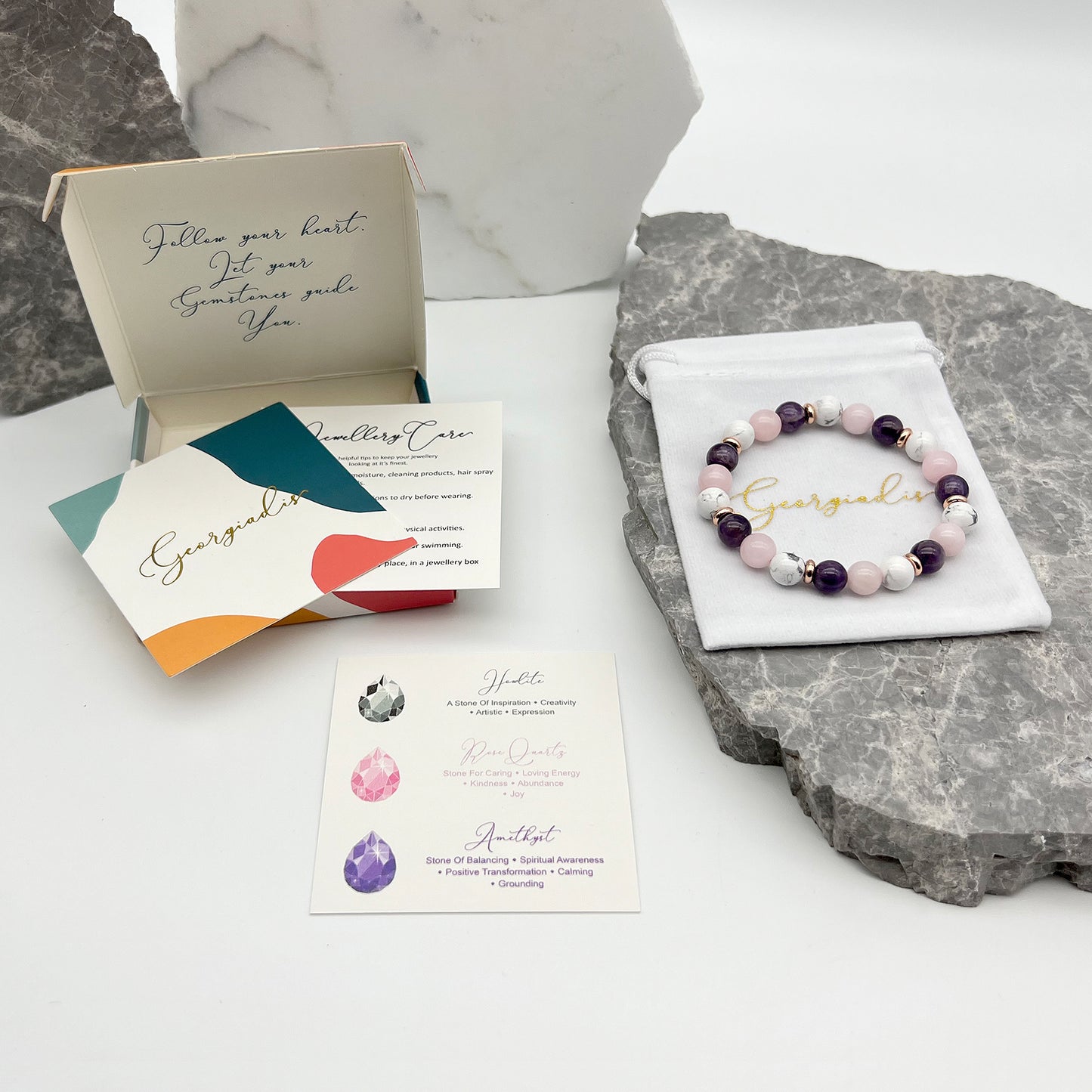 8mm Bead Amethyst, Rose Quartz and Howlite Real Natural Genuine Stones with 18K Gold Plating, Beautiful Gemstone Beads, Healing and Spiritual