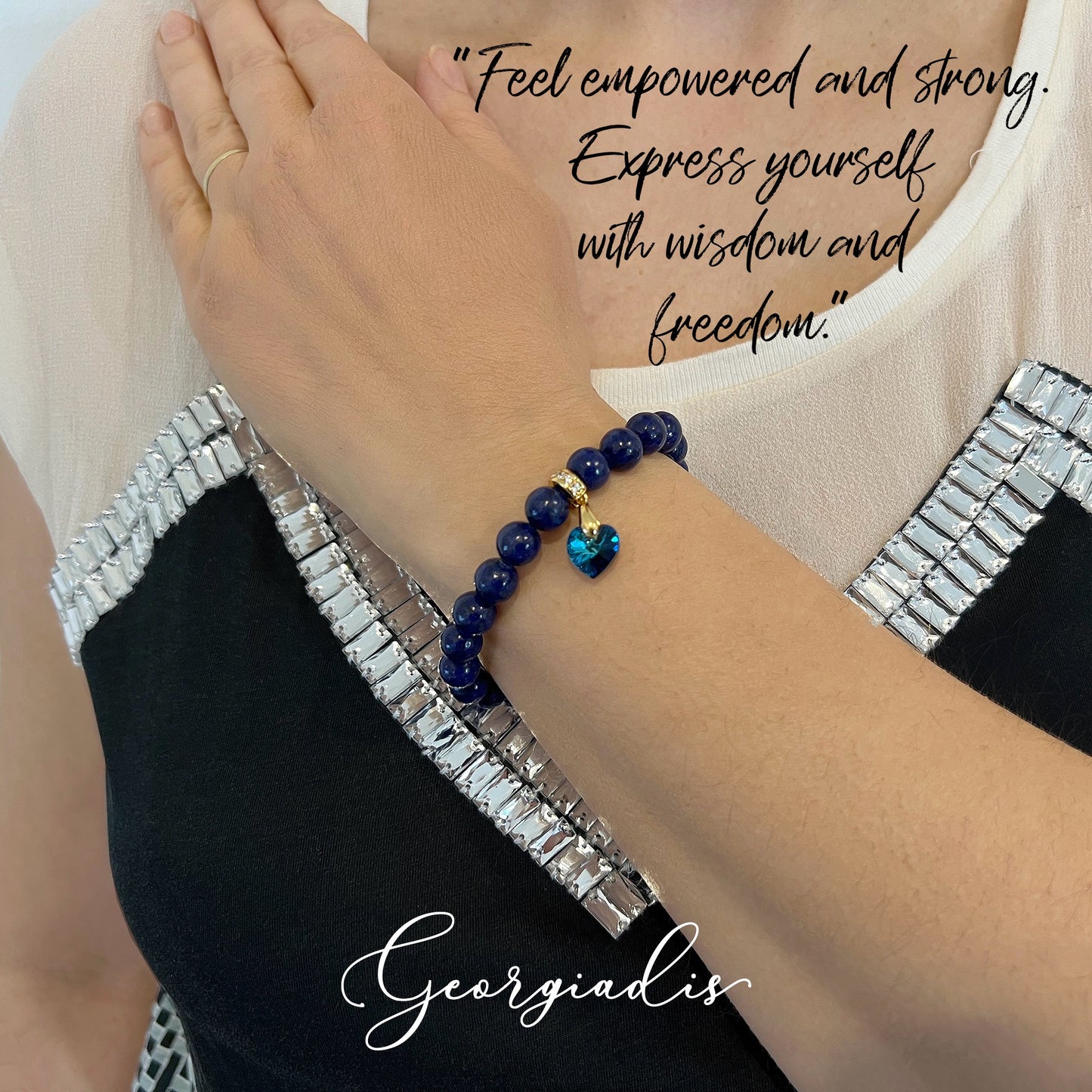 8mm Lapis Lazuli Gemstone Bracelet with Austrian Crystal Heart Charm, 18K Gold Plating, Healing Stone, Promotes Self-confidence, Intuition.