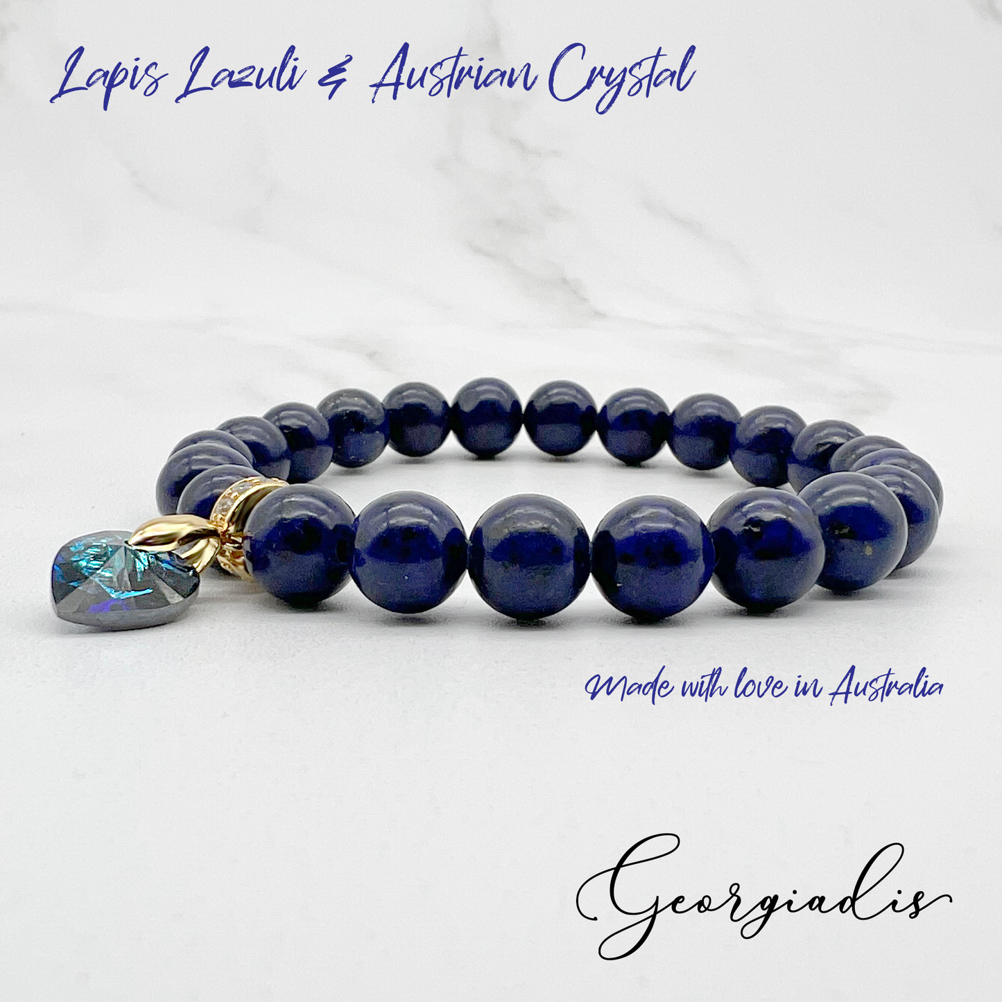 8mm Lapis Lazuli Gemstone Bracelet with Austrian Crystal Heart Charm, 18K Gold Plating, Healing Stone, Promotes Self-confidence, Intuition.