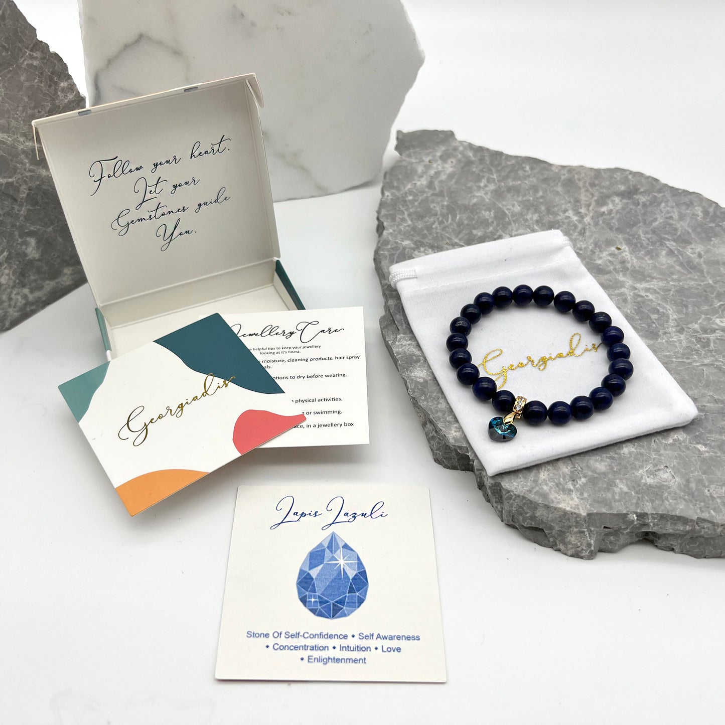 8mm Lapis Lazuli Gemstone Bracelet with Austrian Crystal Heart Charm, 18K Gold Plating, Healing Stone, Promotes Self-confidence, Intuition.