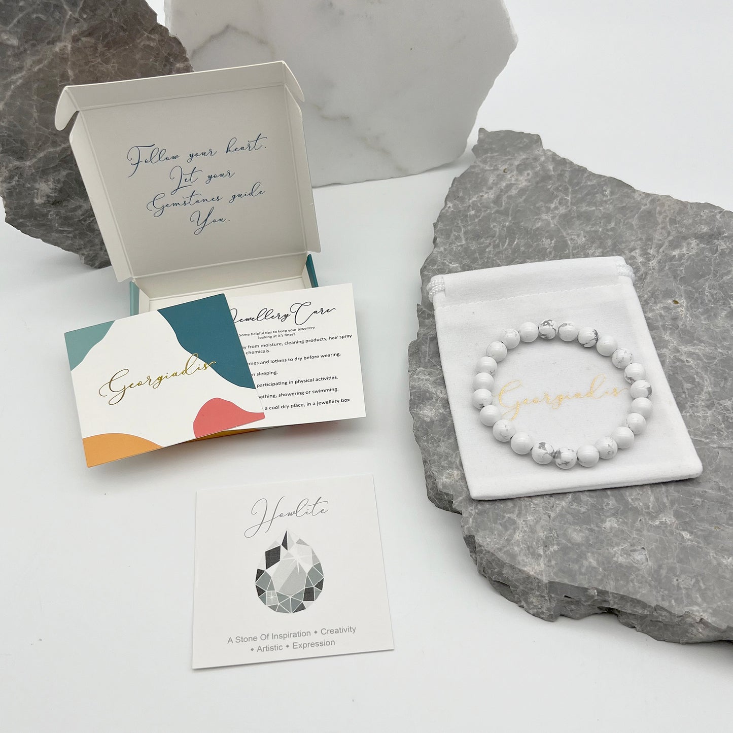 { Georgiadis } - Stunning 8mm Howlite Gemstone Bracelet, Calming, Soothing and Tranquil, Gift, Bracelet for Women