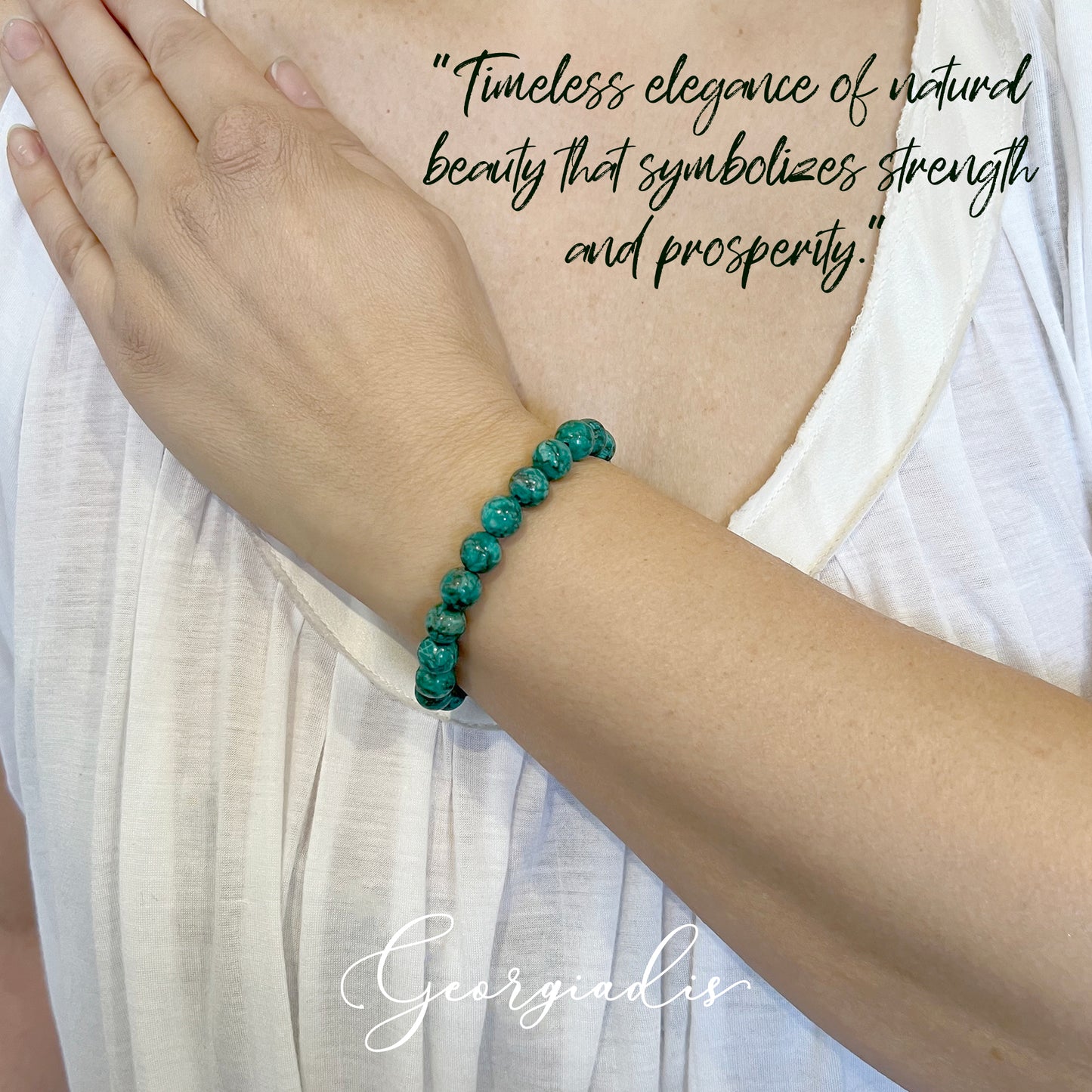 { Georgiadis } - Stunning 8mm Natural Marble Stone Bracelet, Dyed Bluish Green, Grounding Stone, Attracts Abundance and Properity, Root Chakra, Loving Gift, Bracelet for Women