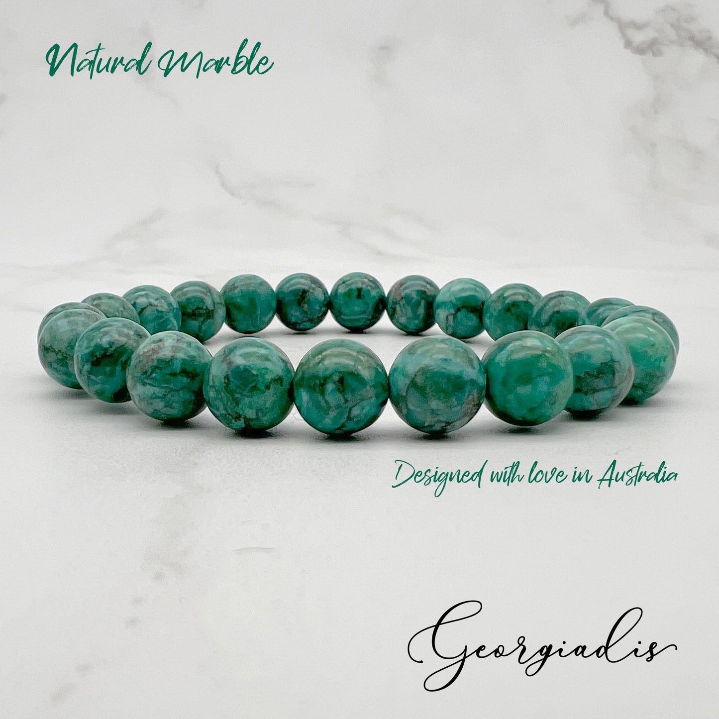{ Georgiadis } - Stunning 8mm Natural Marble Stone Bracelet, Dyed Bluish Green, Grounding Stone, Attracts Abundance and Properity, Root Chakra, Loving Gift, Bracelet for Women
