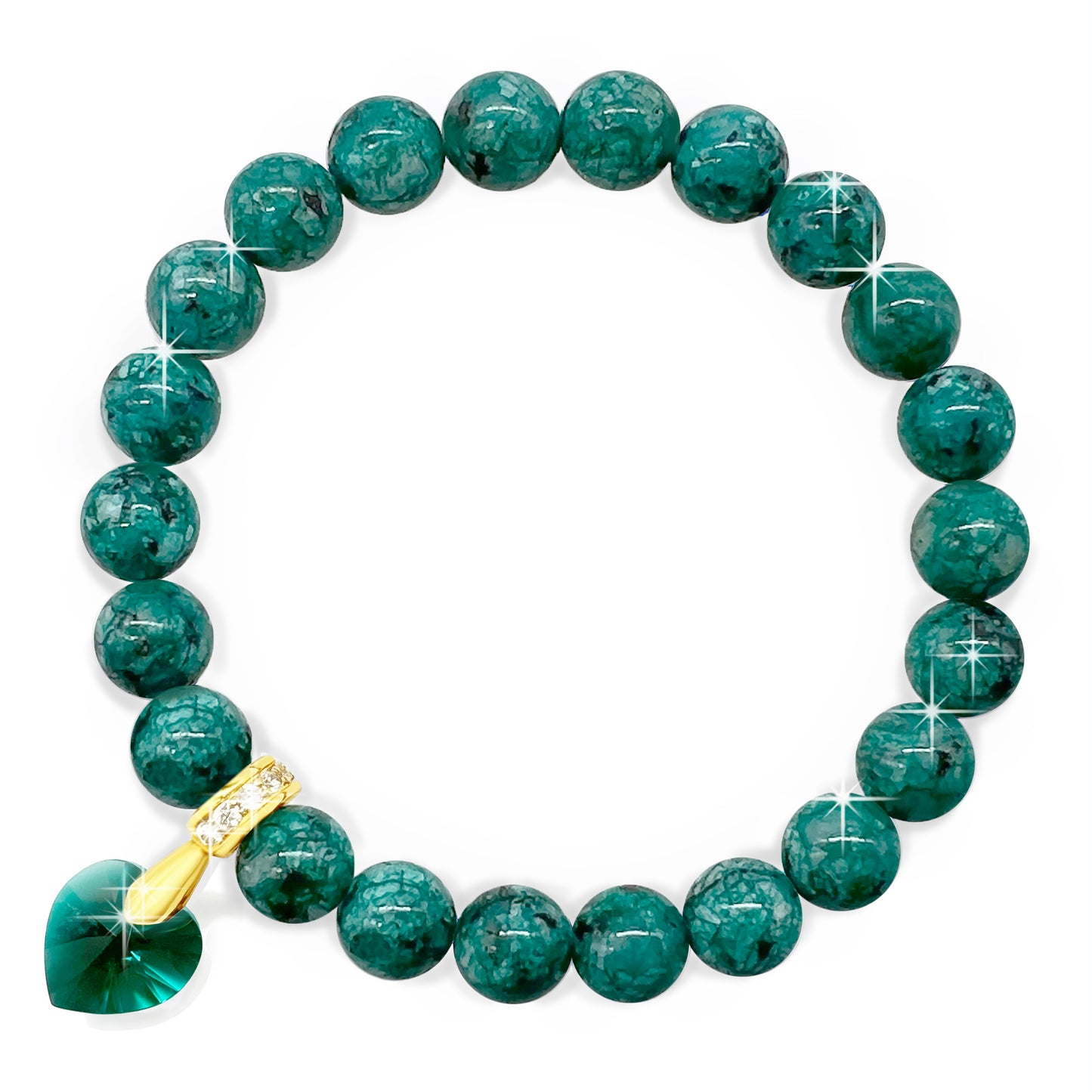 8mm Bead Natural Marble Gemstone Bracelet with Austrian Crystal Heart Charm, 18K Gold Plating, Healing Stone, Self-Empowerment, Grounding and Increase Abundance, Gift, Love, Bracelet for Women
