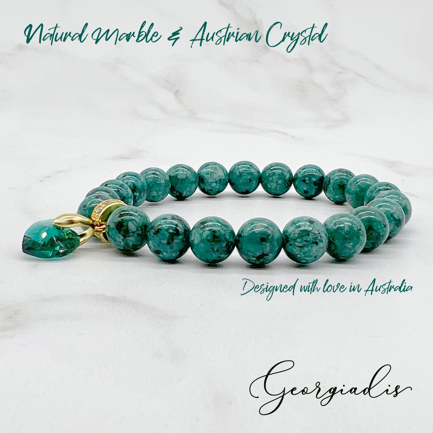 8mm Bead Natural Marble Gemstone Bracelet with Austrian Crystal Heart Charm, 18K Gold Plating, Healing Stone, Self-Empowerment, Grounding and Increase Abundance, Gift, Love, Bracelet for Women