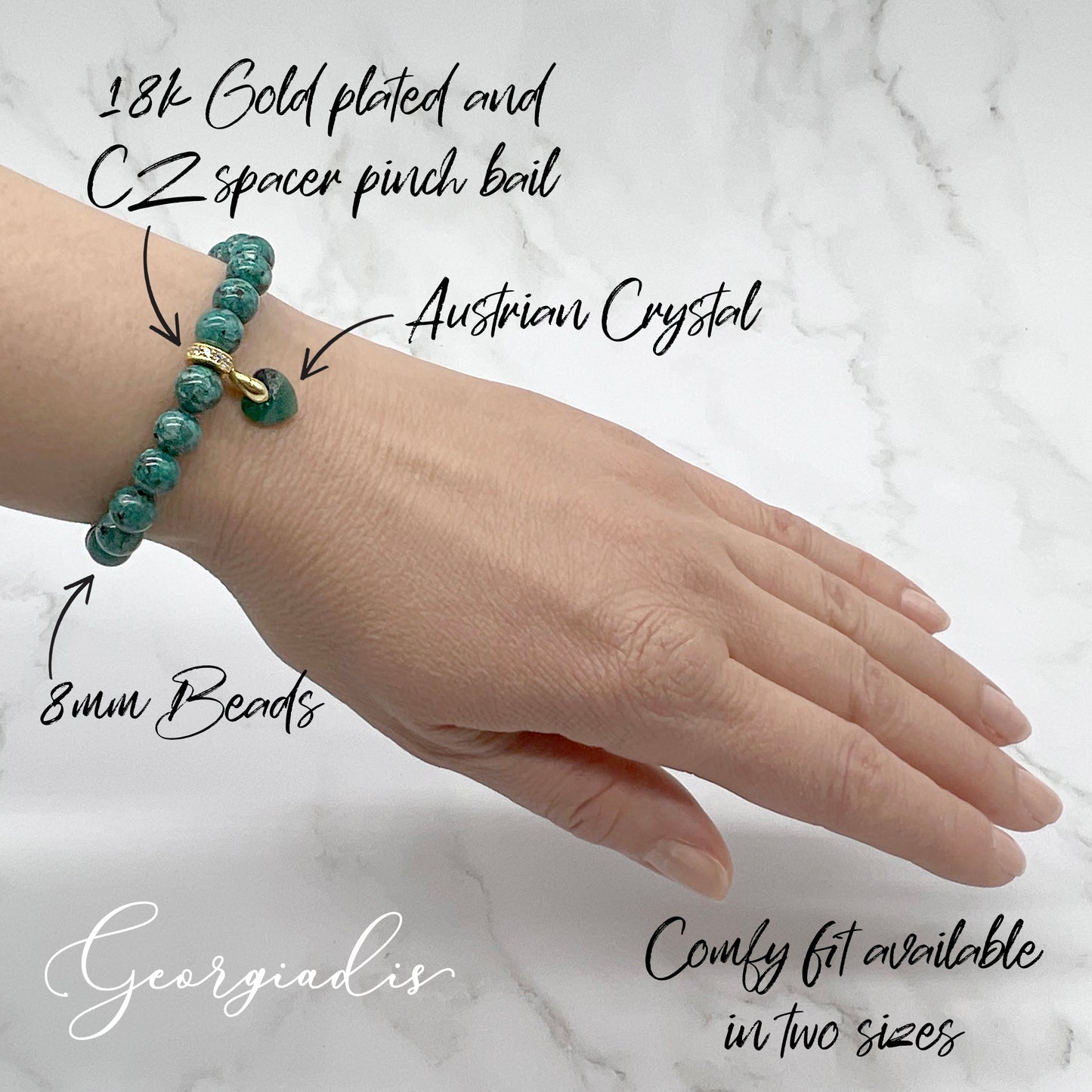 8mm Bead Natural Marble Gemstone Bracelet with Austrian Crystal Heart Charm, 18K Gold Plating, Healing Stone, Self-Empowerment, Grounding and Increase Abundance, Gift, Love, Bracelet for Women