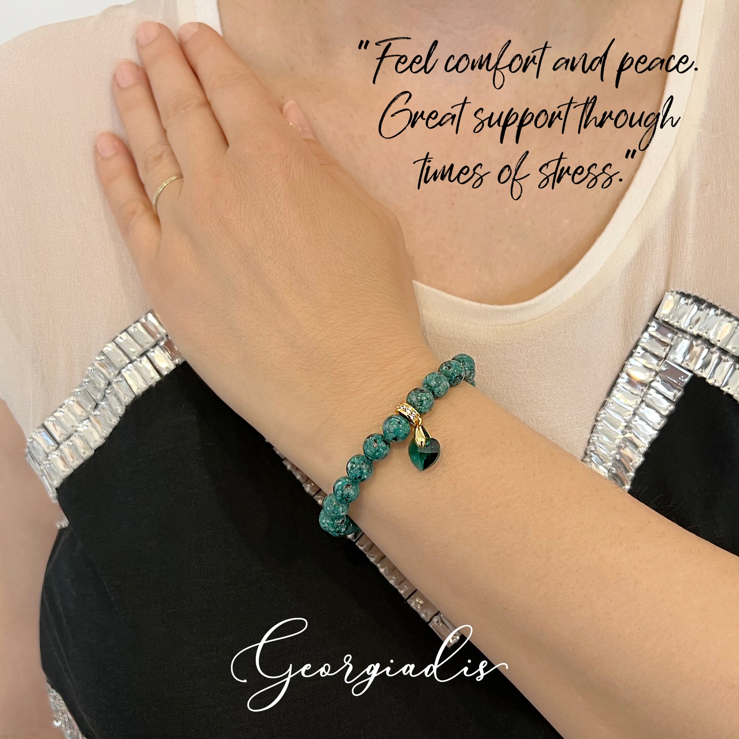 { Georgiadis } - 8mm Bead Natural Marble Gemstone Bracelet with Austrian Crystal Heart Charm, 18K Gold Plating, Healing Stone, Self-Empowerment, Grounding and Increase Abundance, Gift, Love, Bracelet for Women