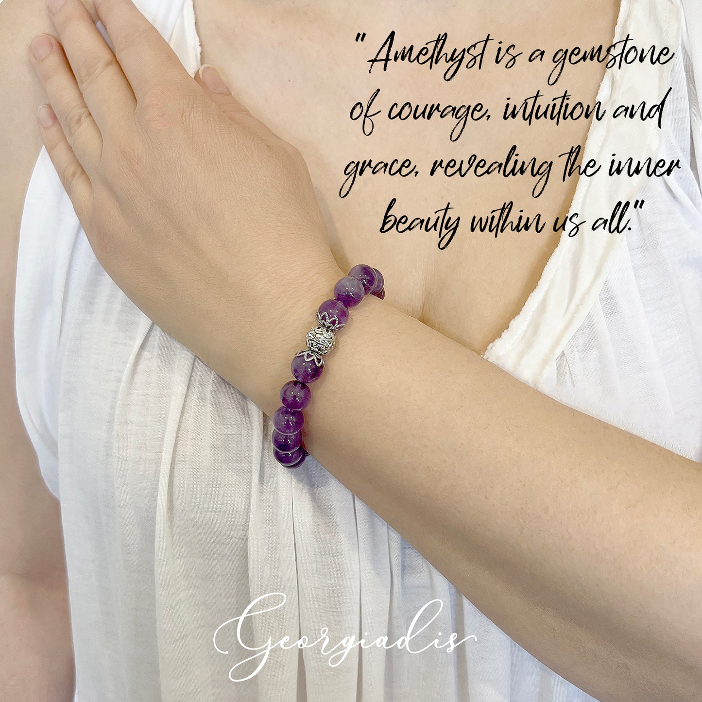 10mm Amethyst Natural Genuine Gemstone with Stunning Spacer Bead Inlaid with Rhinestones, Calming, Promotes Spiritual Awareness, Colour Therapy Purple