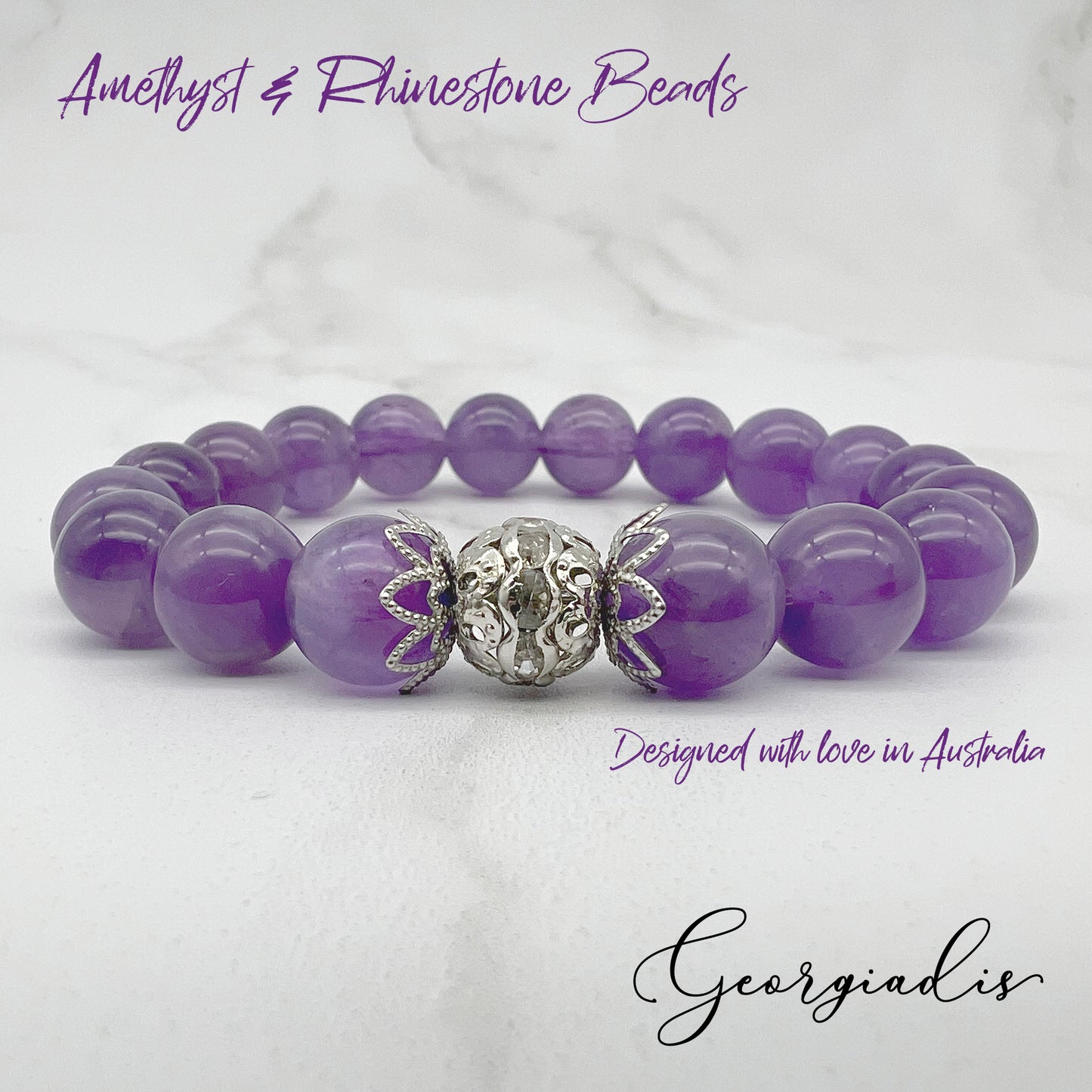 10mm Amethyst Natural Genuine Gemstone with Stunning Spacer Bead Inlaid with Rhinestones, Calming, Promotes Spiritual Awareness, Colour Therapy Purple